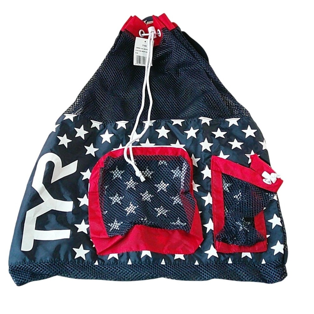 TYR Big Mesh Mummy Backpack Navy Red Stars Patriotic Swim Gear Bag